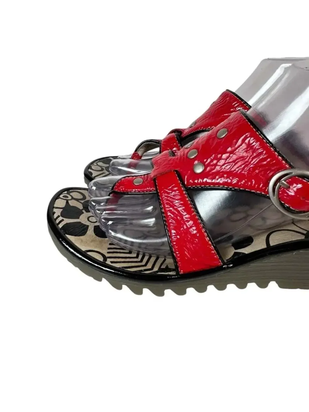 Fly London Womens Euro 37 Red Patent Platform Comfort Wedge Sandals Size 6
